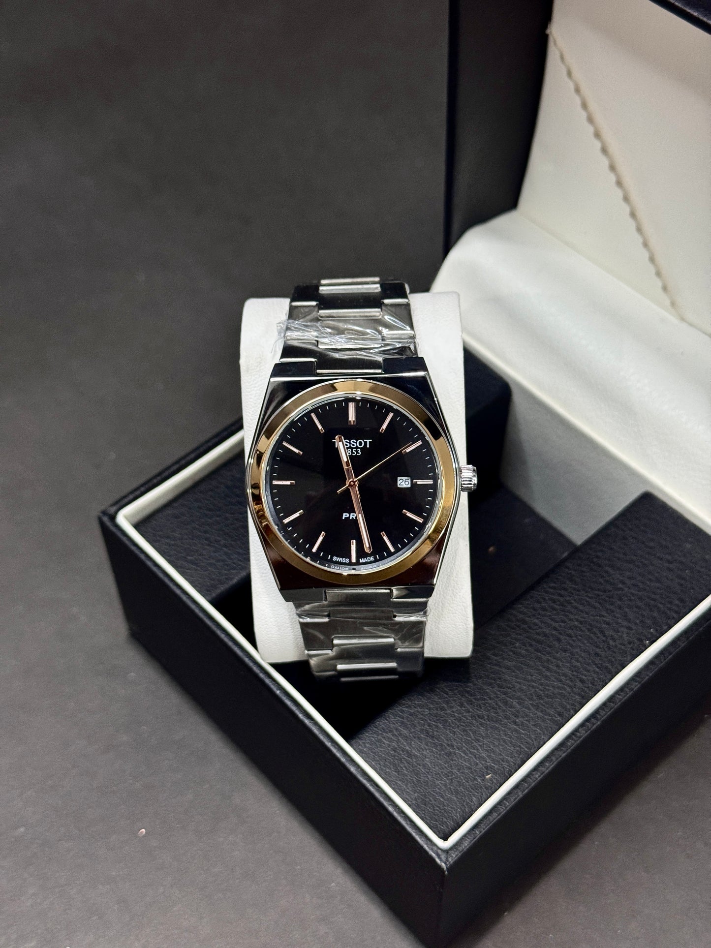 TISSOT PRX | QUARTZ | SILVER WITH BLACK ROSE GOLD BEZEL | PREMIUM QUALITY