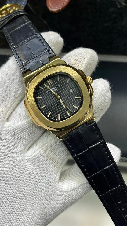 PATEK PHILLIPE | BLACK WITH TWO TONE BLK DIAL | QUARTZ | LEATHER STRAP