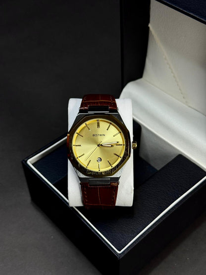 BESTWIN | AP STYLE | QUARTZ  | ORIGINAL | LEATHER STRAP | BROWN WITH GOLD DIAL