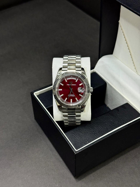 PAGANI DESIGN DAYDATE | SEIKO JAPAN ST16 AUTOMATIC | PD-1752 | SILVER WITH MAROON DIAL