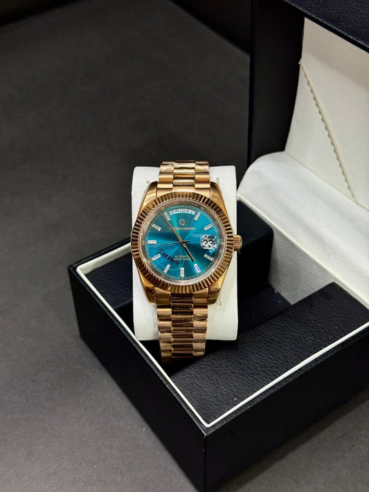 PAGANI DESIGN DAYDATE | SEIKO JAPAN ST16 AUTOMATIC | PD-1752 | ROSE GOLD WITH ICE BLUE
