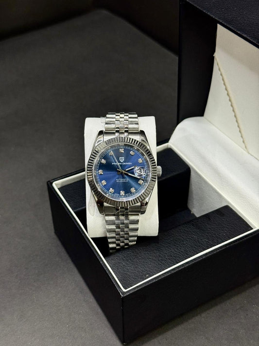 PAGANI DESIGN DAYJUST| SEIKO JAPAN ST16 AUTOMATIC | PD-1645 | SILVER WITH DIAMOND BLUE DIAL