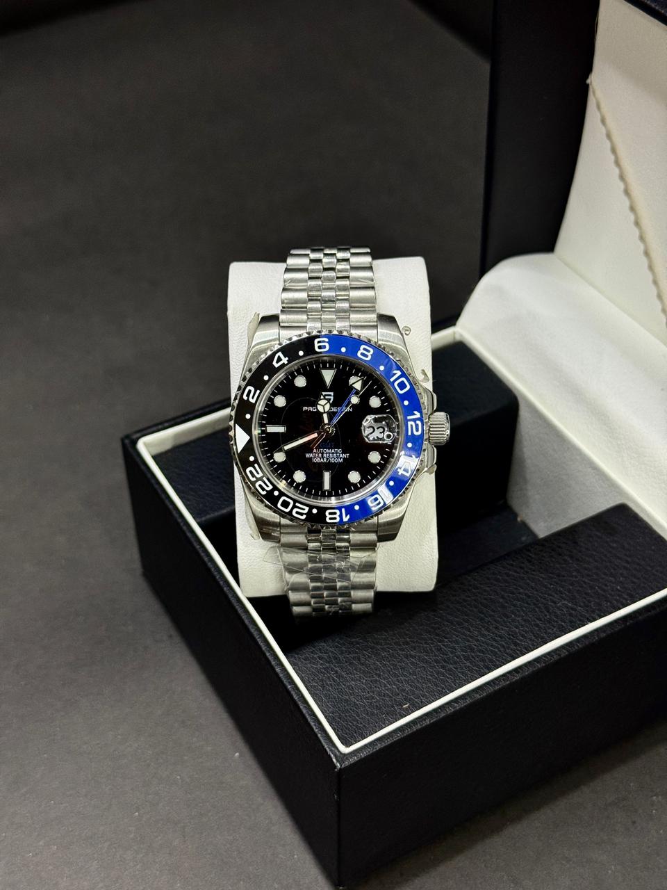 PAGANI DESIGN GMT BATMAN  | SEIKO JAPAN ST16 AUTOMATIC | PD-1662 | SILVER WITH BLK | BLUE BLK BEZEL | ROTATING BEZEL