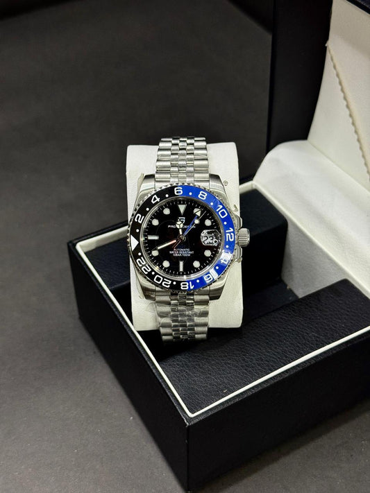 PAGANI DESIGN GMT BATMAN  | SEIKO JAPAN ST16 AUTOMATIC | PD-1662 | SILVER WITH BLK | BLUE BLK BEZEL | ROTATING BEZEL