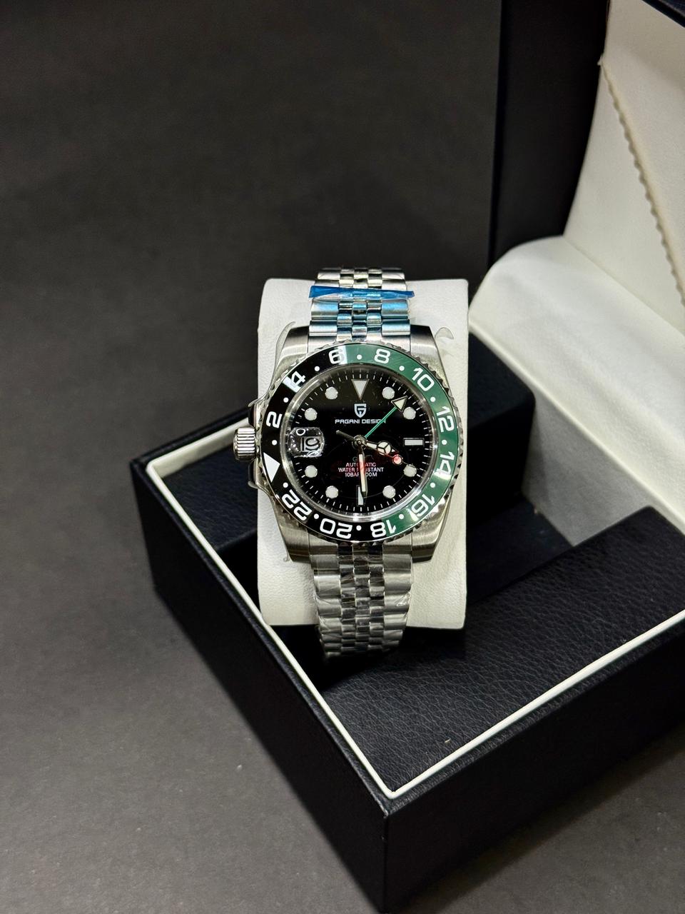 PAGANI DESIGN GMT SPRITE | SEIKO JAPAN ST16 AUTOMATIC | PD-1662 | SILVER WITH ICE BLUE | CROWN ON LEFT SIDE | GREEN BLK BEZEL | ROTATING BEZEL