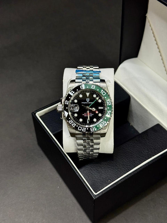 PAGANI DESIGN GMT SPRITE | SEIKO JAPAN ST16 AUTOMATIC | PD-1662 | SILVER WITH ICE BLUE | CROWN ON LEFT SIDE | GREEN BLK BEZEL | ROTATING BEZEL
