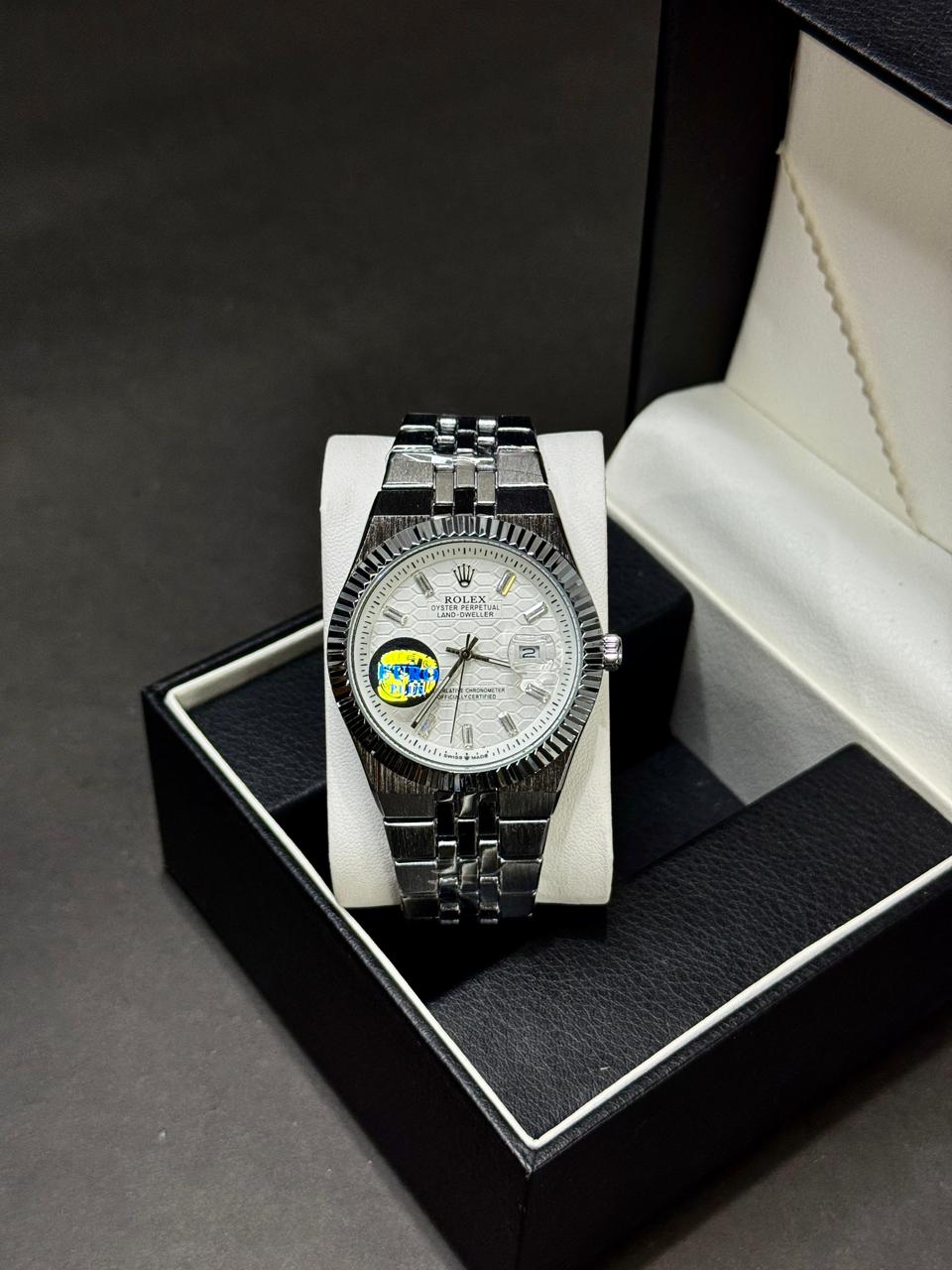 ROLEX LAND DEWELLER | QUARTZ | PREMIUM QUALITY | BUTTERFLY LOCK | SILVER WITH WHITE