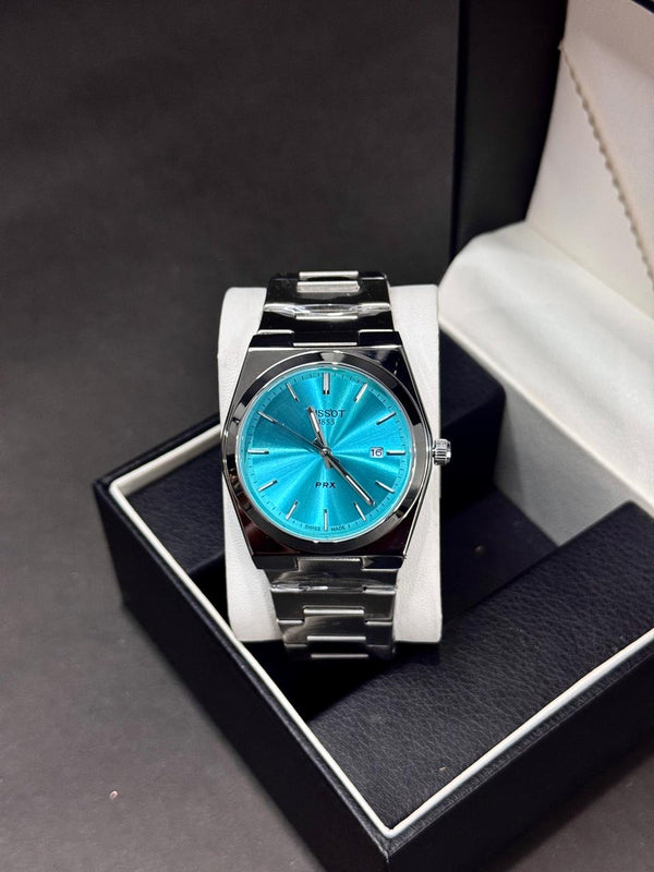 TISSOT PRX | QUARTZ | PLAIN DIAL | SILVER WITH BLUE | MASTER LOCK | PREMIUM QUALITY
