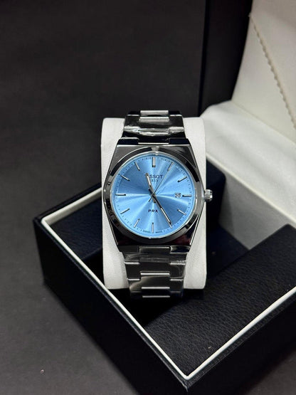 TISSOT PRX | QUARTZ | PLAIN DIAL | SILVER WITH BLUE | MASTER LOCK | PREMIUM QUALITY