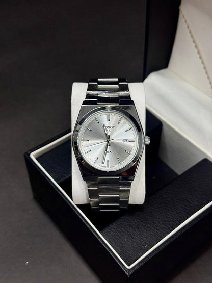 TISSOT PRX | QUARTZ | PLAIN DIAL | SILVER WITH BLUE | MASTER LOCK | PREMIUM QUALITY