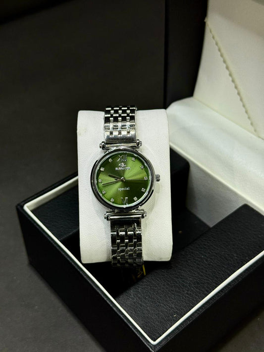 ELEGANCE  WATCH FOR WOMEN | ORIGINAL | QUARTZ | BUTTERFLY LOCK | SILVER WITH GREEN 